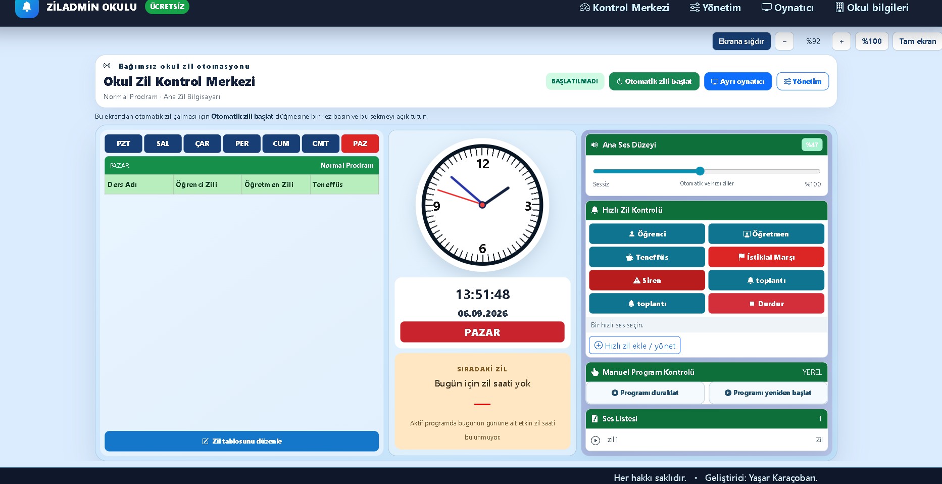 Okul Zil programı mobil görünümü